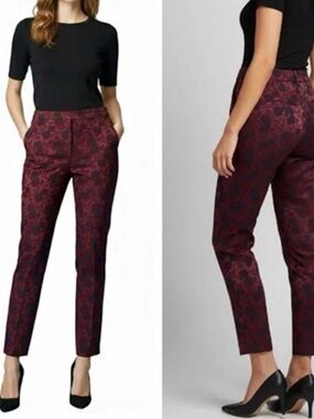 WHBM slim ankle jacquard Burgundy Floral Pants